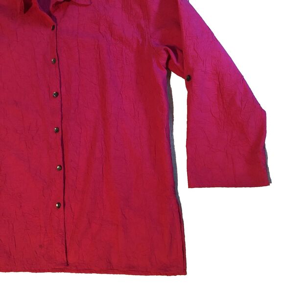 Chicos Crepe Gauze Shirt Womens Sz L Button Front Fuchsia Roll Tab Sleeve Blouse - Picture 6 of 11